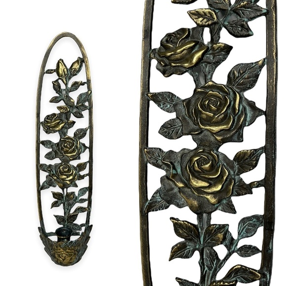 Antiqued Patina Brass 16.5” Tall Wall Sconce Candle Hanger‎ with Rose Embossed - Picture 2 of 11